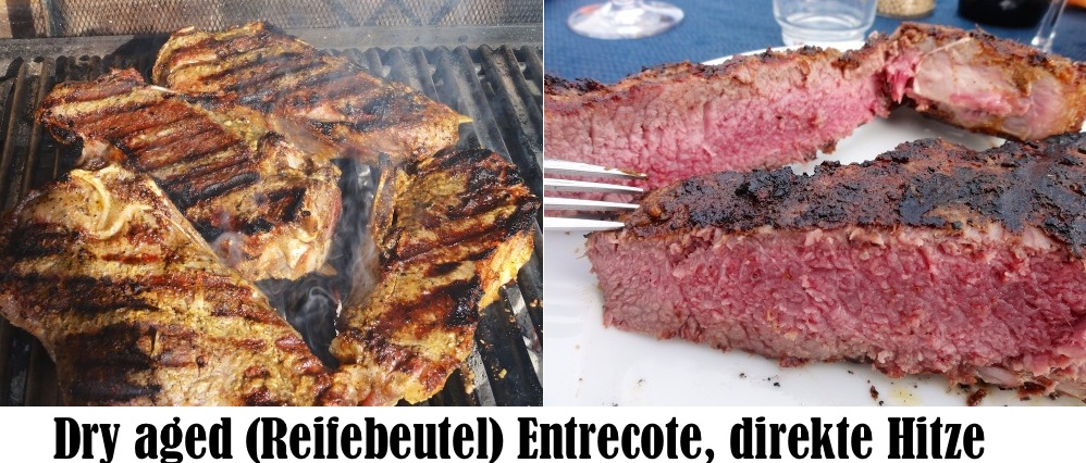 im Reifebeutel nachgereiftes Fleisch. 4 Tage zusätzlich in der Kühlung und dann in den Beutel gezogen. Dort nochmal 10 Tage und dann auf den Grill. Die Stücke waren mir fast zu mager für den Beutel, daher hatte ich mich erst später entschieden.