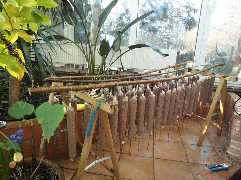 Salami trocknet (mit einem Tuch abgedeckt) im Wintergarten